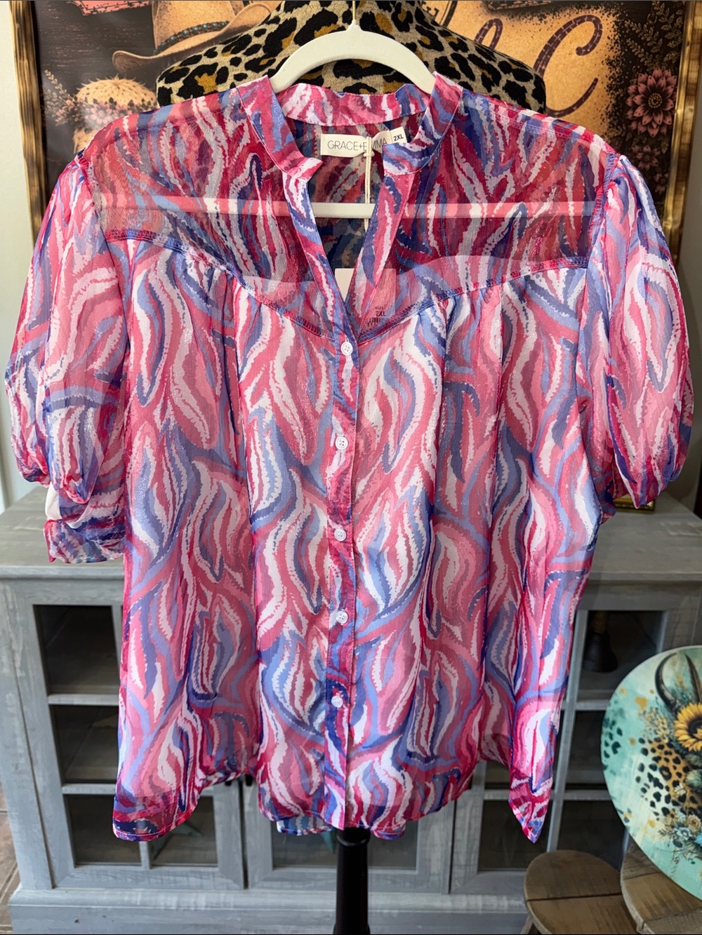 NWT GRACE & EMMA  Pink Multi-Color Sheer/Lined Button Blouse Women's SIze 2XL